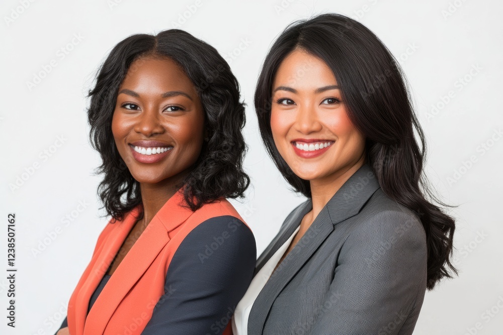 Two smiling businesswomen in blazers, showcasing confidence and professionalism. Two smiling businesswomen in blazers, showcasing confidence and professionalism.