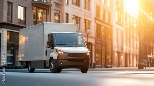 Delivery Van on City Street: A modern delivery van drives through a bustling city street at sunset, showcasing efficient urban logistics and transportation. 