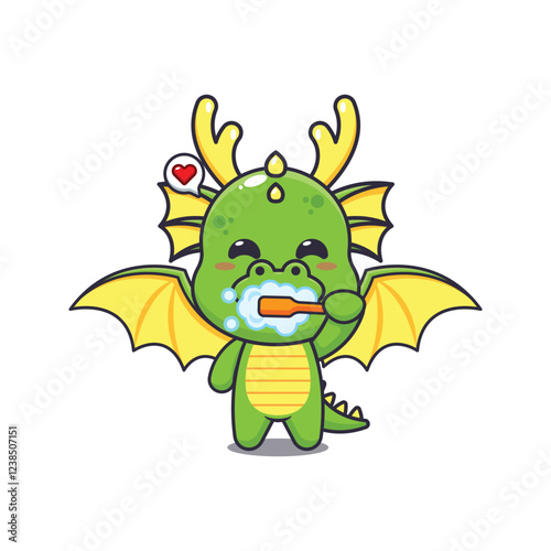 dragon mascot cartoon character vector illustration brushing teeth.