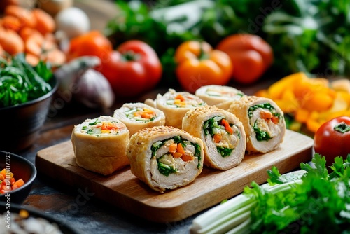 Delicious chicken rolls with colorful veggies on a rustic wooden table