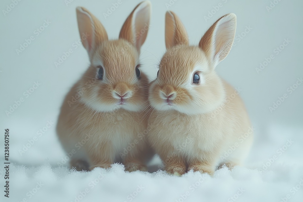 Obraz premium Two cute light brown rabbits standing and sitting on a white background, high-resolution photography.