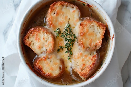 Savory bowl of warm French onion soup topped with melted cheese and crisp bread photo