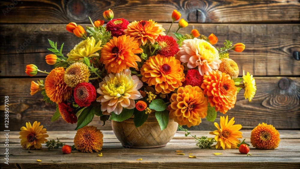 Fototapeta premium Vibrant Autumnal Flower Arrangement in Rustic Wooden Bowl