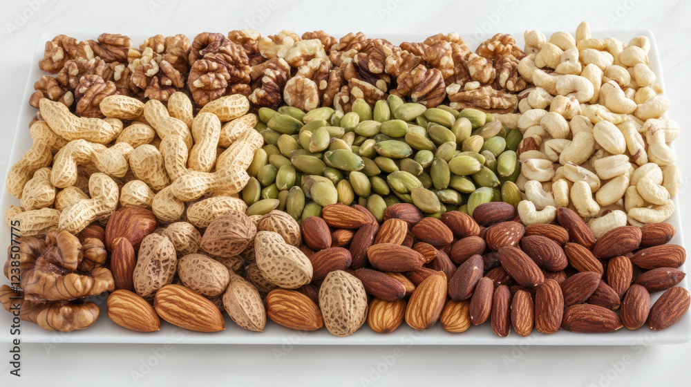 Assorted nuts arranged in clusters on clean white surface, showcasing variety of textures and colors, perfect for healthy snacking or culinary use Assorted nuts arranged in clusters on clean white surface, showcasing variety of textures and colors, perfect for healthy snacking or culinary use