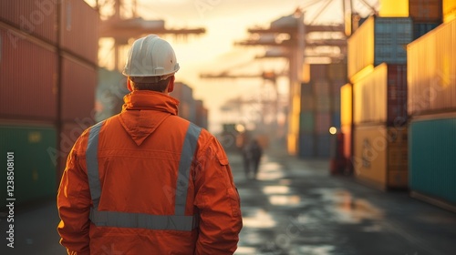Engineer Overseeing Cargo Operations at Container Terminal During Sunrise