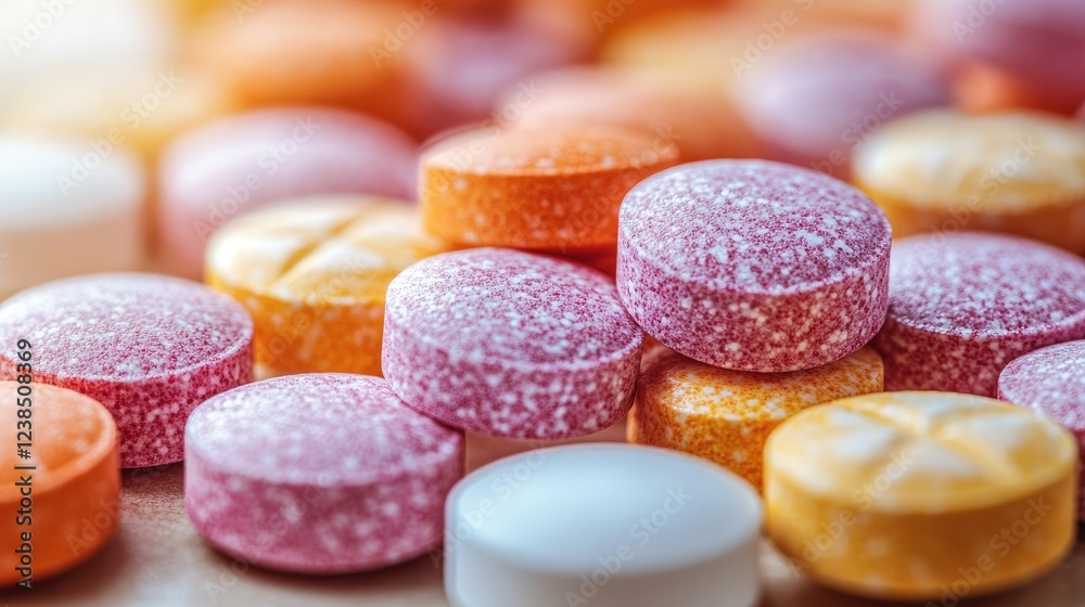 Colorful pills stacked in a close up view Colorful pills stacked in a close up view