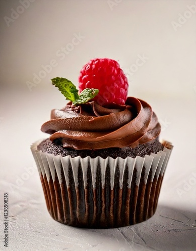 Delicious Cupcake Topped with Swirled Frosting, Raspberry, and Fresh Mint