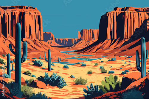 American Wild West desert area. Horizontal landscape background with cactus and towering rock formations. Beauty in nature. Sandy dunes clear blue sky. Flat cartoon style vector illustration