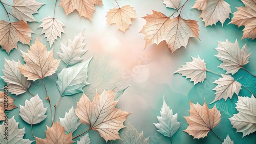 Pastel autumn leaves arranged on a teal background create a serene and elegant design