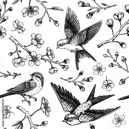 Sakura seamless pattern. Spring background. Cherry blossom, flying birds sketch illustration. NOT AI generated
