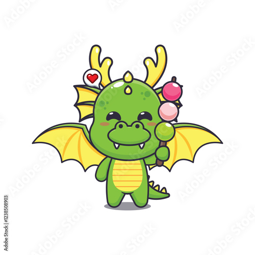 dragon mascot cartoon character vector illustration eating dango.