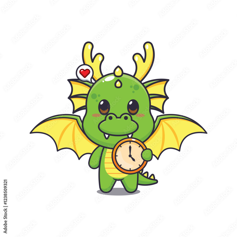 dragon mascot cartoon character vector illustration with clock. dragon mascot cartoon character vector illustration with clock.