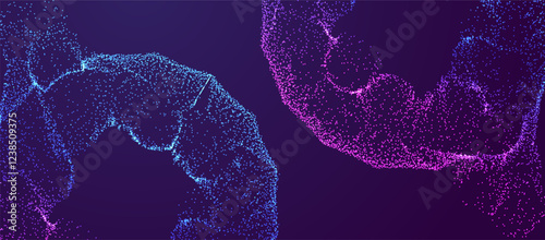 Particle banner. Ai technology background. Neon big data explode splash design. Light round science design. Artificial Intelligence futuristic network connect vector.