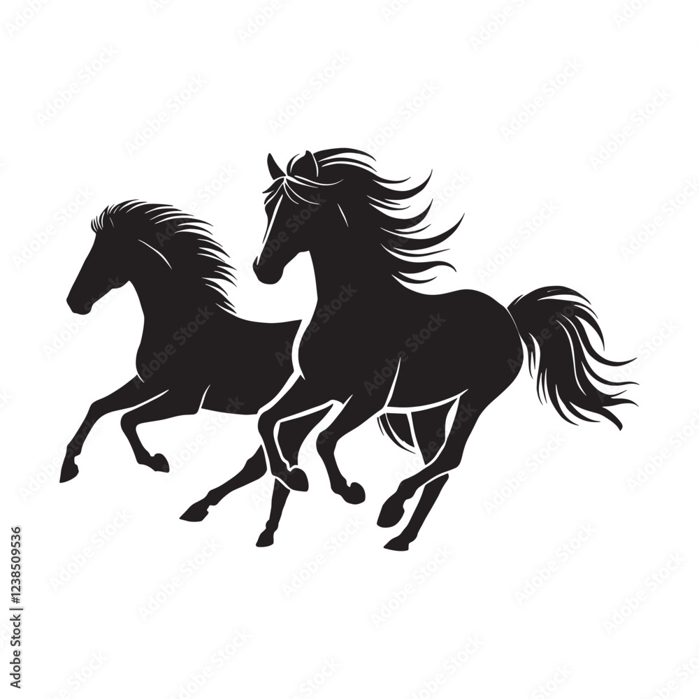 Obraz premium Black Silhouette of Two Galloping Horses vector art