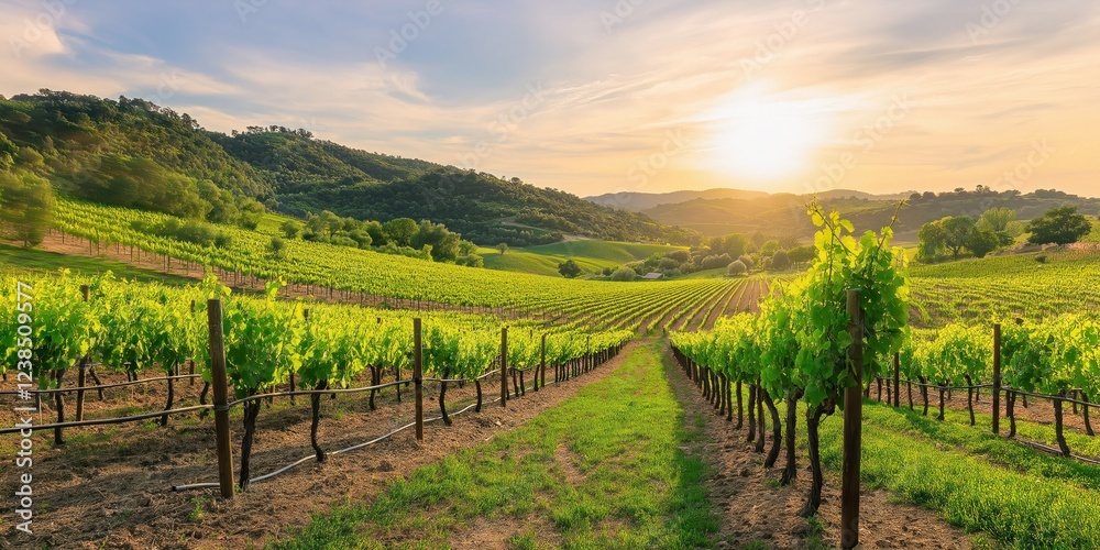 Fototapeta premium Golden sunset illuminating picturesque rows of grapevines in tuscany