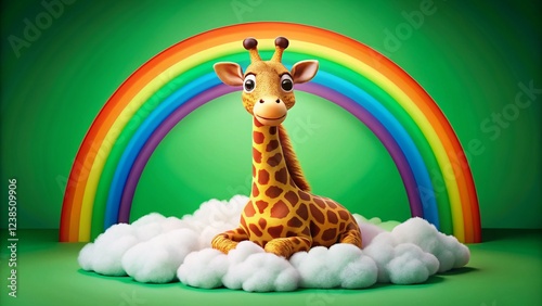 Cartoon Giraffe on Clouds Before Rainbow on Green Background photo