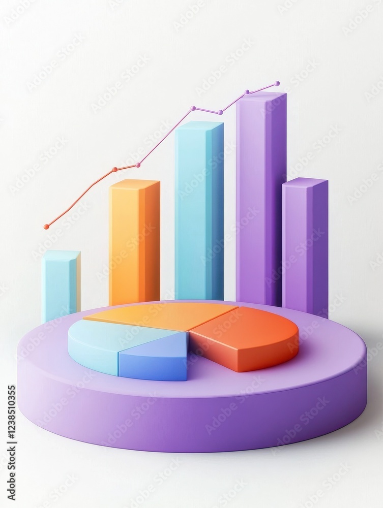 3D line bar and pie chart in pastel blue, purple, orange, high quality realistic render, isolated on white background 3D line bar and pie chart in pastel blue, purple, orange, high quality realistic render, isolated on white background