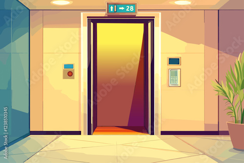 Background with opened elevator doors. Empty elevator modern financial office or buisness center hall room area. Sleek glass walls potted plant. Cartoon style vector illustration