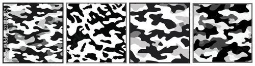 Black and white camouflage square poster set. Military pattern. Abstract modern graphic cover army texture. Hiding textile uniform fabric swatch. Flat cartoon style vector illustration