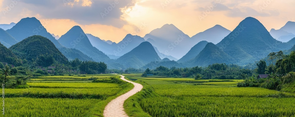 Fototapeta premium Amidst mountains nature idea. Scenic view of mountains and lush green fields under a beautiful sky.