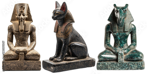 Ancient Egyptian statues of pharaoh, black cat deity, and falcon headed god, showcasing intricate details