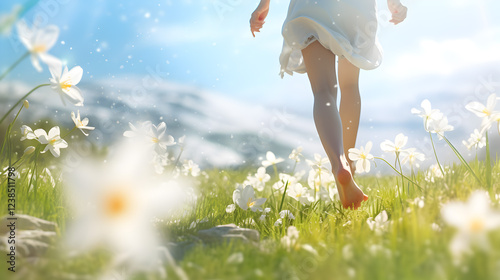 Young woman runnung on a meadow with flowers in the spring. Concept of freedom, happiness and beauty. photo