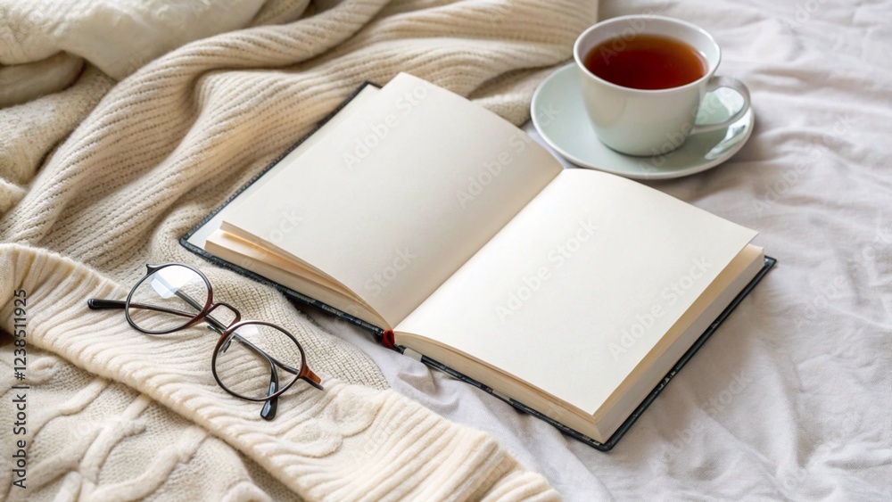 Naklejka premium Relaxing Scene with Glasses, Open Book, and Hot Beverage