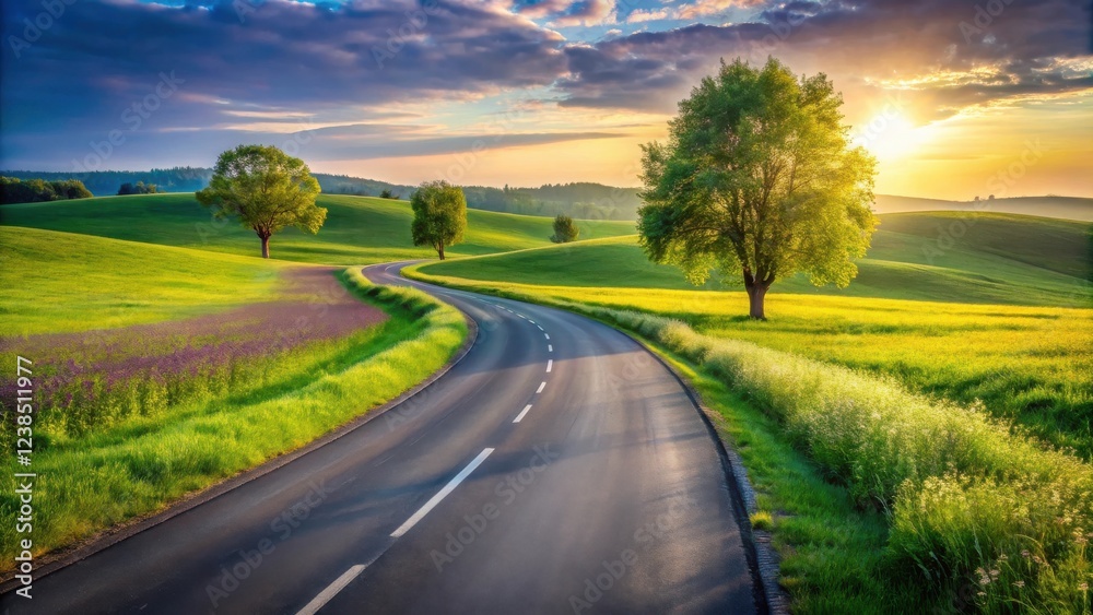 Fototapeta premium Serene Sunset Drive Through Rolling Green Fields and Blossoming Meadows