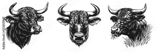 Bull cow portraits set. Angle side and front view. Head only. Wild or home farm pair hoof animal. Buffalo horne. Simple silhouette linocut black and white style. Isolated vector on white background