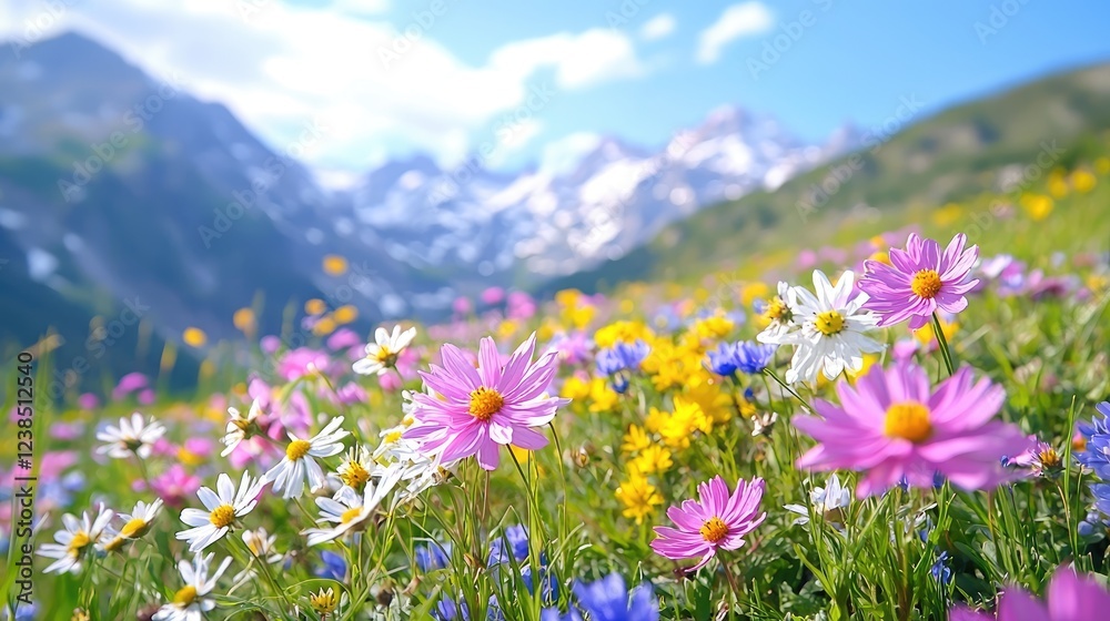 Alpine meadow wildflowers bloom, mountain backdrop