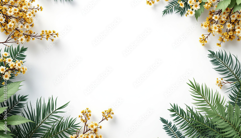 White background with yellow flowers and green leaves forming a frame White background with yellow flowers and green leaves forming a frame