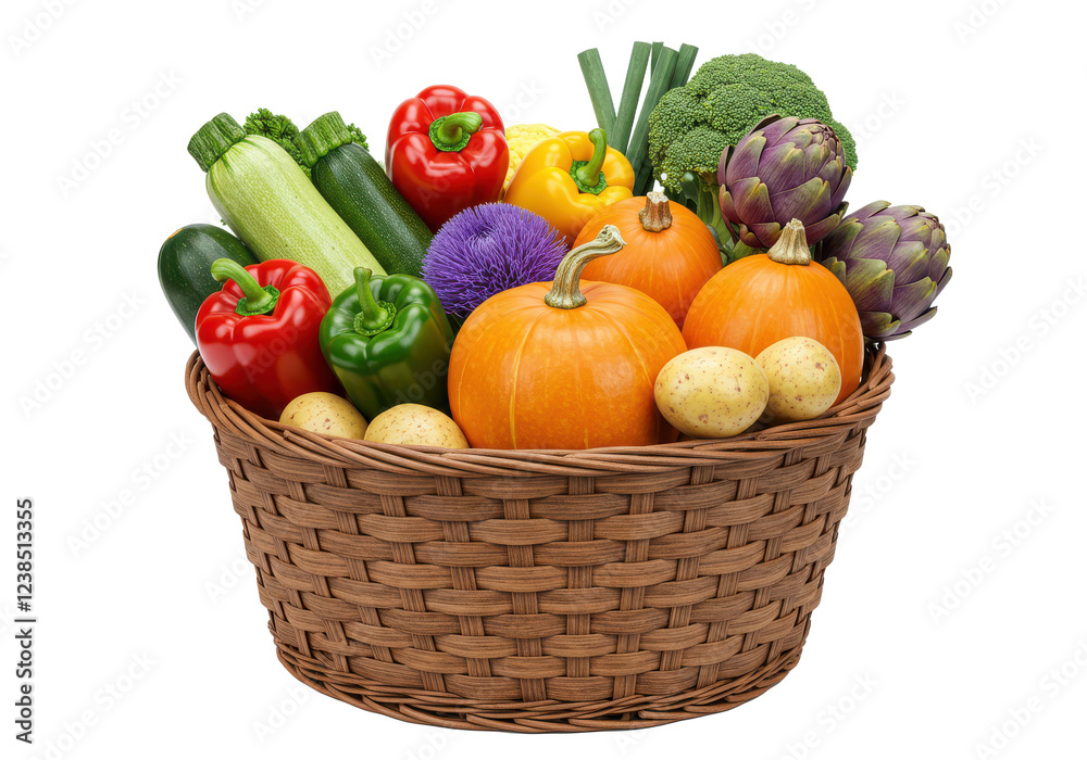 A full basket over flowing with fresh vegetables isolated on white background, no depth of field, sharp. A full basket over flowing with fresh vegetables isolated on white background, no depth of field, sharp.