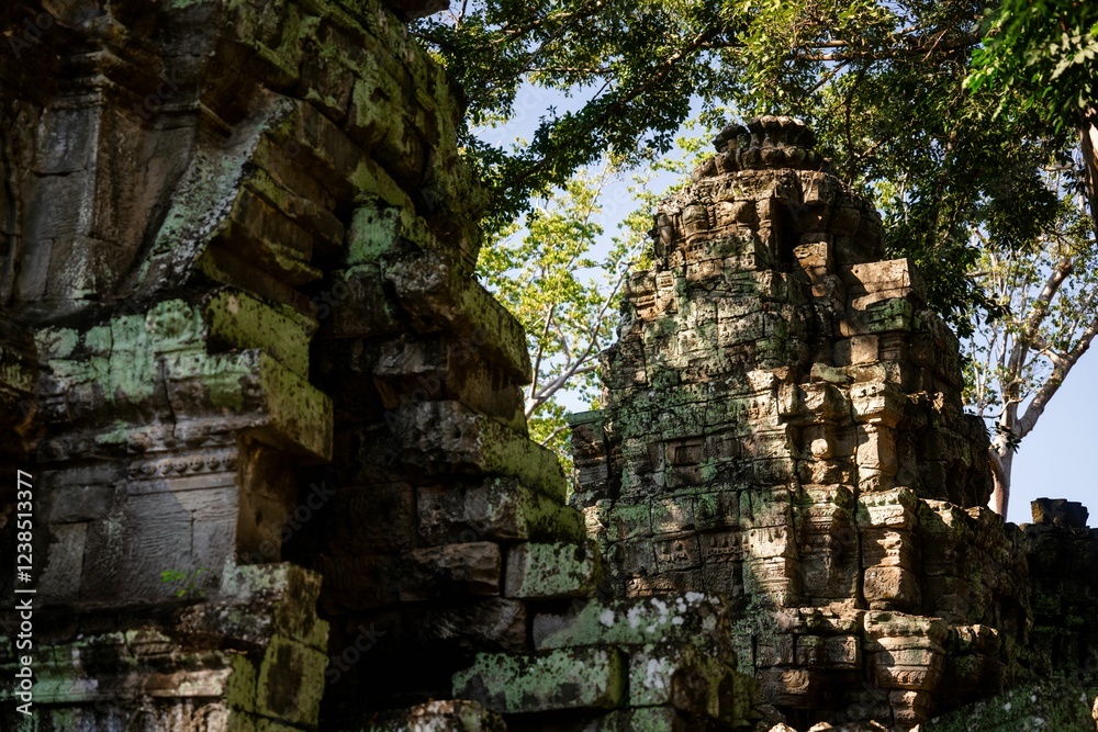 Fototapeta premium Ancient stone temple ruins in Angkor Wat, Cambodia.