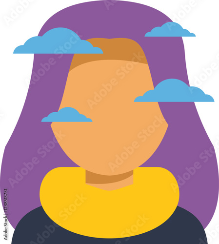 Depiction of a young woman experiencing mental fog, symbolized by clouds obscuring her face, conveying confusion and a sense of being lost in thought