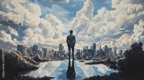 A reflective businessman standing on a rooftop with a panoramic view of a bustling city under a cloudy sky. photo