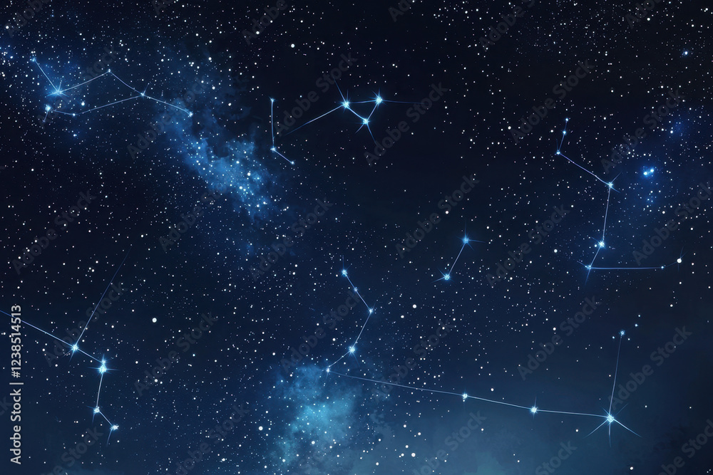 Constellation map overlaying a dark blue night sky with faint nebula clouds. Constellation map overlaying a dark blue night sky with faint nebula clouds.