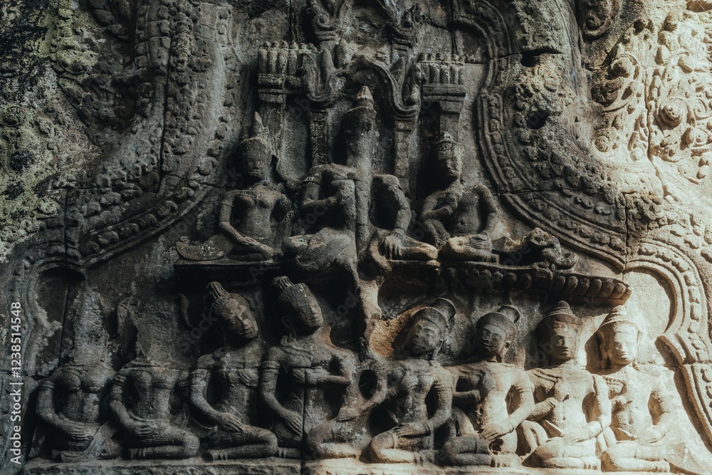 Fototapeta premium Intricate stone carvings on a temple wall.