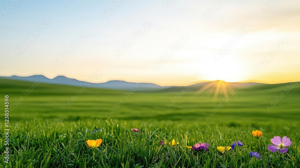 Obraz premium Wildflower fields nature concept. A vibrant landscape features blooming flowers under a radiant sunrise in a green meadow.