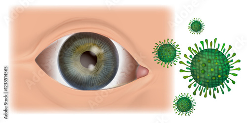 Viral Conjunctivitis Medical Illustration. Eye Infection  Concept. Human Eye with Conjunctivitis. Pink eye are caused by adenovirus