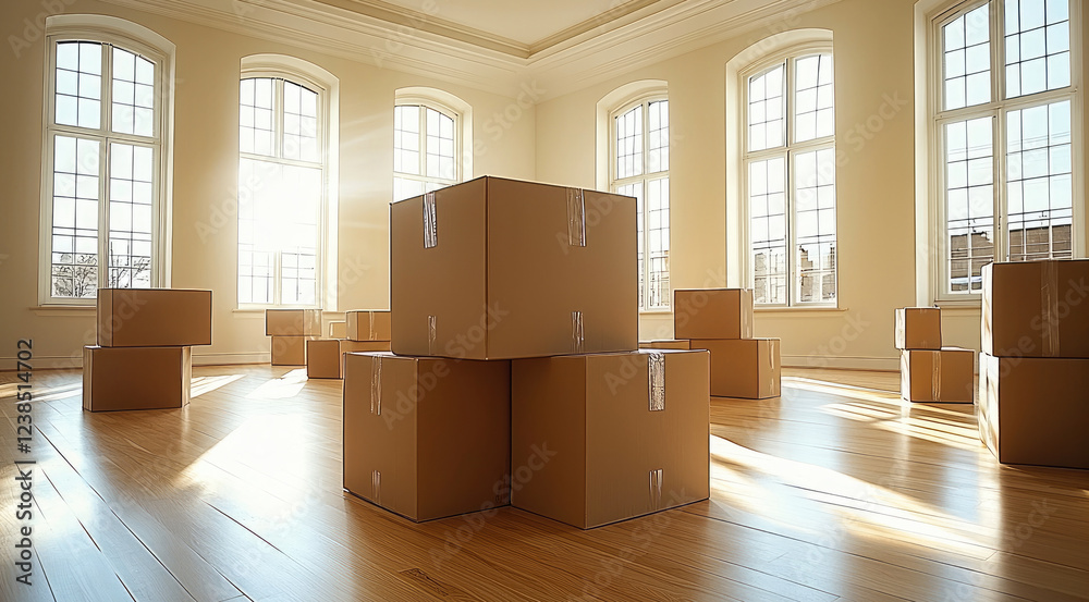 Boxes packed for moving in an empty room. Boxes packed for moving in an empty room.