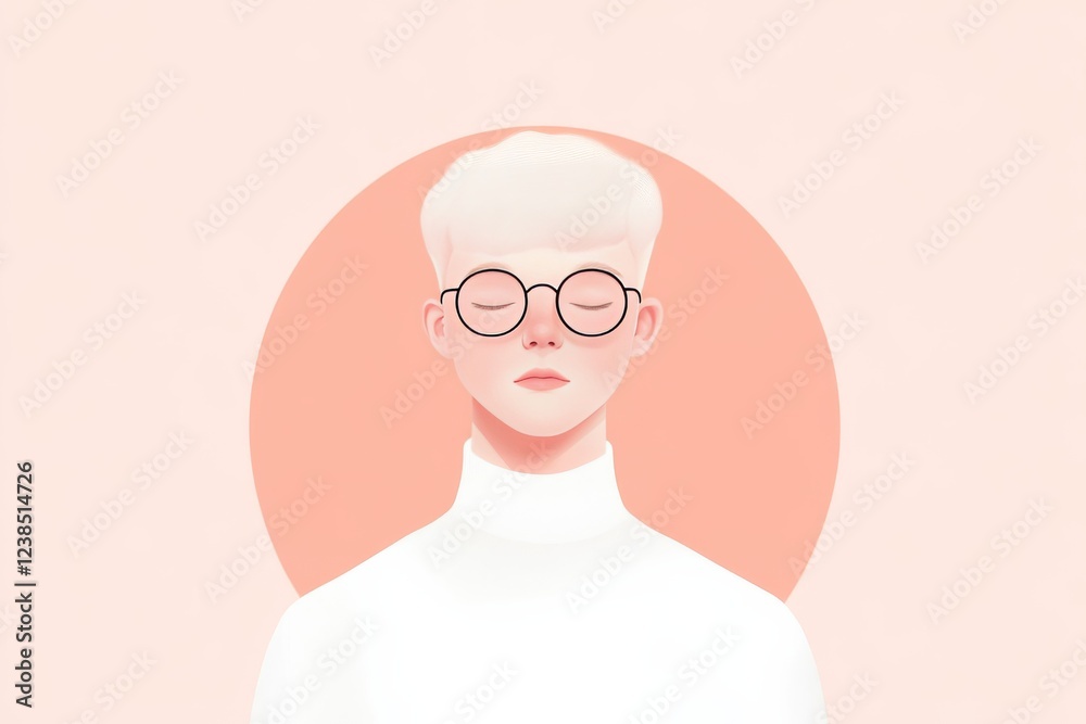 Young boy avatar in a minimalist style with glasses and a serene expression set against a pastel background