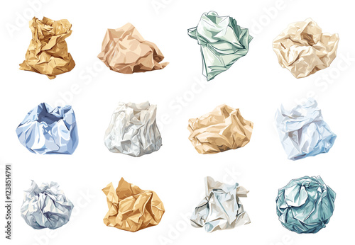 Crumpled paper set. Rumpled thrown away piece of scrap paper rubbish office trash. Wrinkled sheets documents notes. Cartoon style isolated vector clipart collection