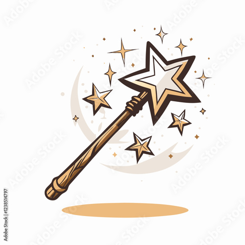 Magical wand with sparkling stars and crescent moon, fantasy enchantment