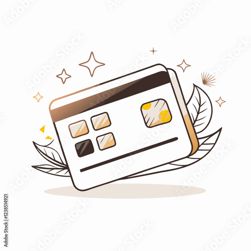 Stylish credit card illustration with leaves and stars, financial wellness