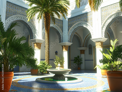 Charming Moroccan palace courtyard featuring a tranquil circular water fountain, colorful ceramic tiles, white archways, towering palm trees, and lush tropical plants in a beautifully designed histori photo