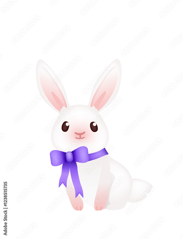 Obraz premium Adorable smiling rabbit with purple ribbon and bow. Funny positive bunny with long ears. Cute and playful rabbit. 3d cartoon animal design. Vector illustration isolated on white background