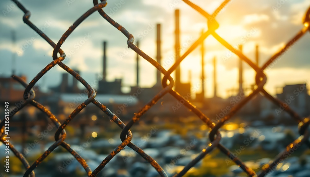 Rusty Chain Link Fence Sunset View up Rusty Chain Link Fence Sunset View up