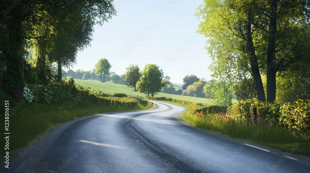 Fototapeta premium Winding country road, sunny day, green hills. Travel imagery