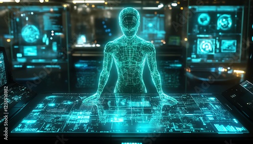 Endpoint security network visualization, glowing holograms protecting connected devices, advanced AIdriven threat neutralization, futuristic cyber aesthetics photo