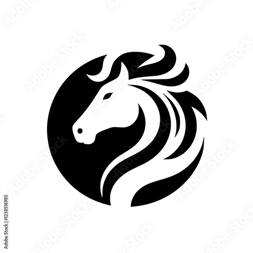 Elegant Horse Head Logo: Black and White Circle Design. Perfect for equestrian brands, stables, and businesses seeking a majestic and powerful image.